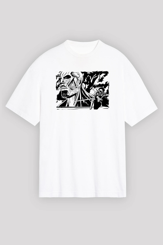 Attack On Titan Baskılı Beyaz Unisex Oversize Tişört - Tshirt
