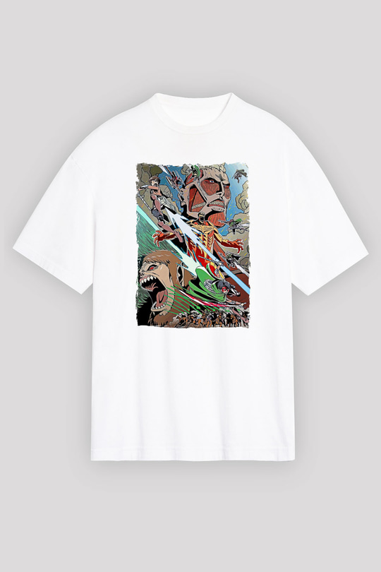 Attack On Titan Baskılı Beyaz Unisex Oversize Tişört - Tshirt