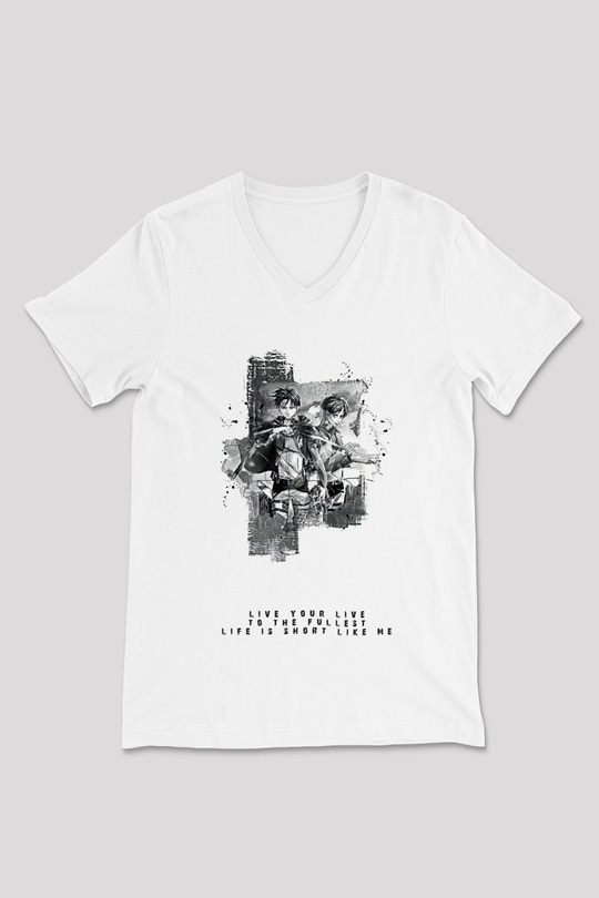 Attack On Titan Baskılı Beyaz Unisex V Yaka Tişört - Tshirt