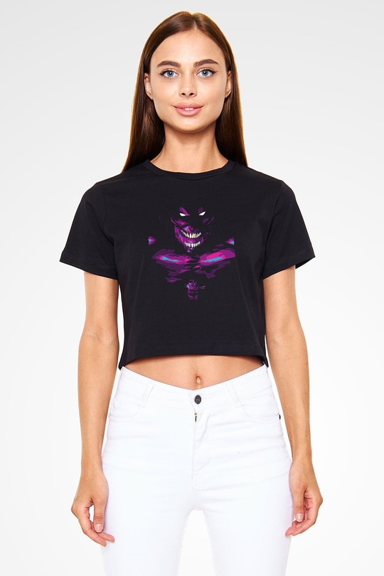 Attack On Titan Baskılı Siyah Crop Top Kadın Tişört - Tshirt