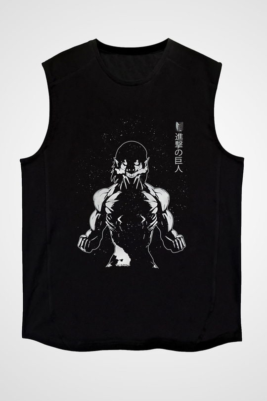 Attack On Titan Baskılı Unisex Siyah Kolsuz Tişört - Tshirt