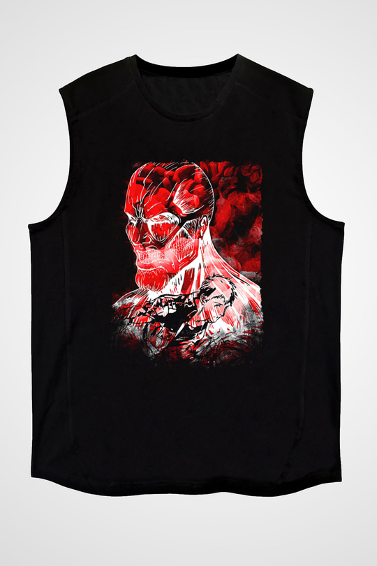 Attack On Titan Baskılı Unisex Siyah Kolsuz Tişört - Tshirt
