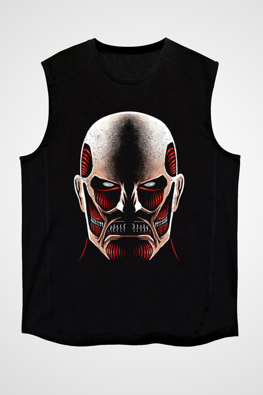 Attack On Titan Baskılı Unisex Siyah Kolsuz Tişört - Tshirt