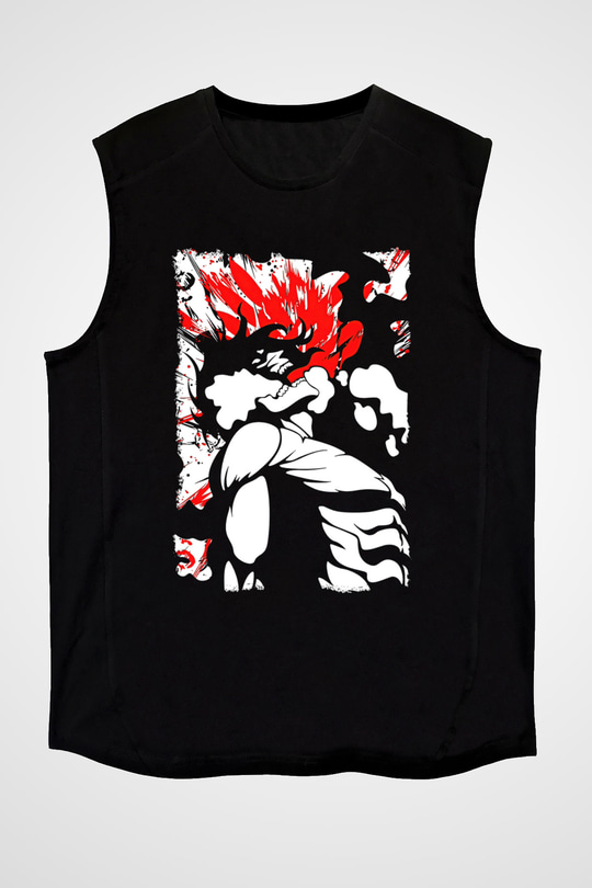 Attack On Titan Baskılı Unisex Siyah Kolsuz Tişört - Tshirt