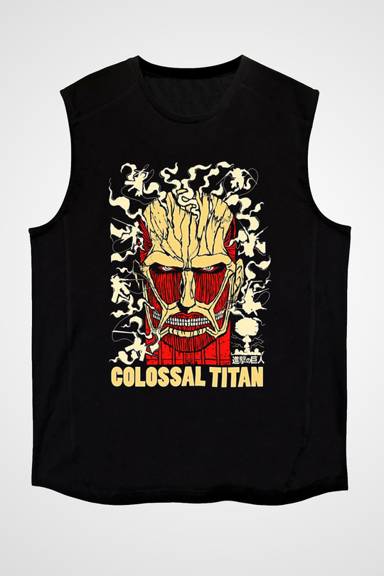 Attack On Titan Baskılı Unisex Siyah Kolsuz Tişört - Tshirt