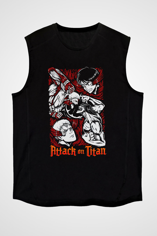 Attack On Titan Baskılı Unisex Siyah Kolsuz Tişört - Tshirt