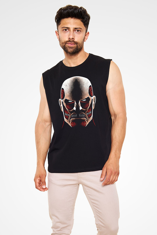 Attack On Titan Baskılı Unisex Siyah Kolsuz Tişört - Tshirt