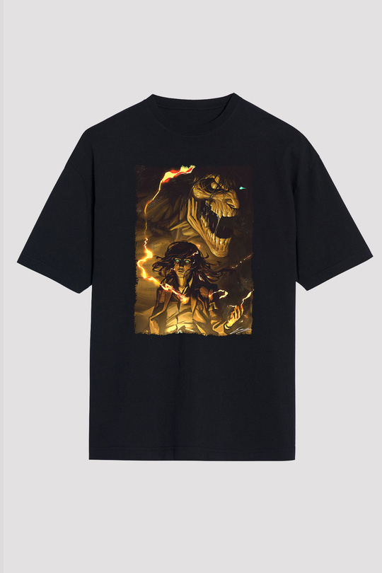 Attack On Titan Baskılı Unisex Siyah Oversize Tişört - Tshirt