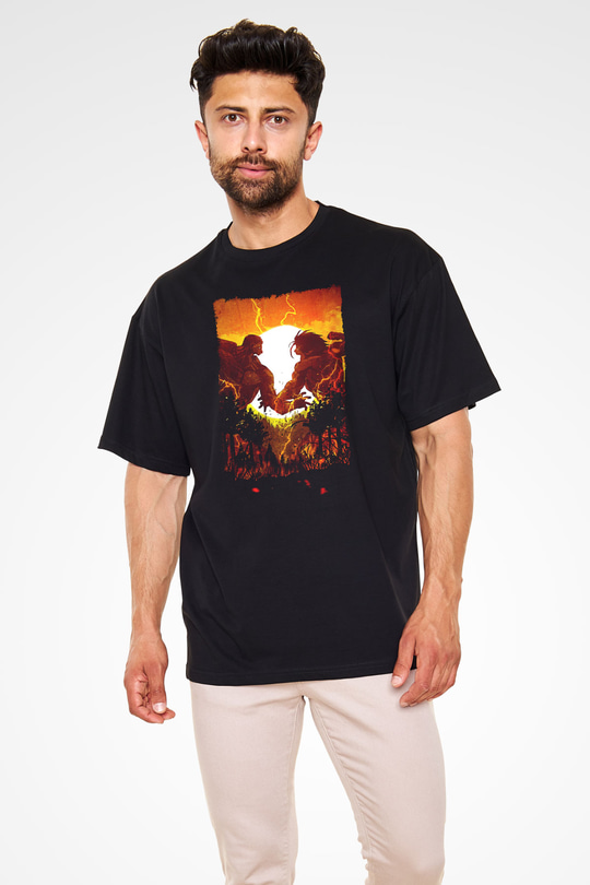 Attack On Titan Baskılı Unisex Siyah Oversize Tişört - Tshirt