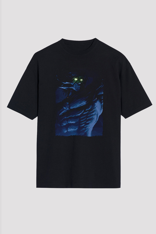 Attack On Titan Baskılı Unisex Siyah Oversize Tişört - Tshirt