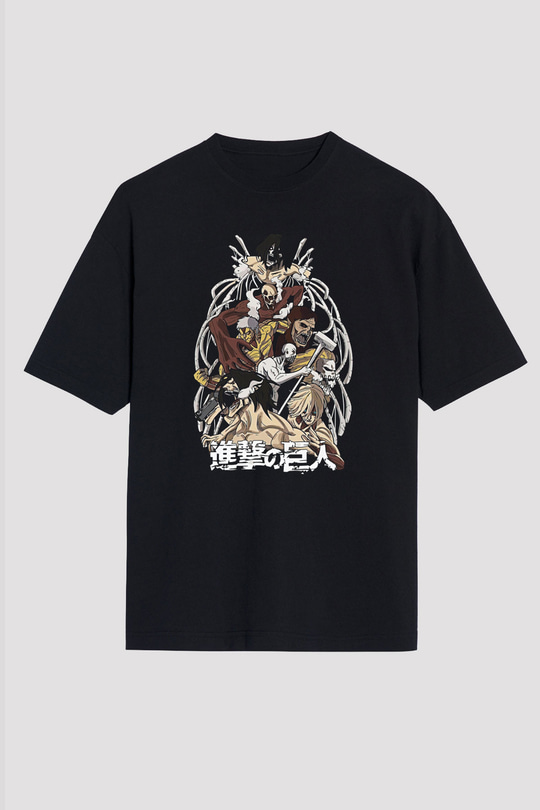 Attack On Titan Baskılı Unisex Siyah Oversize Tişört - Tshirt