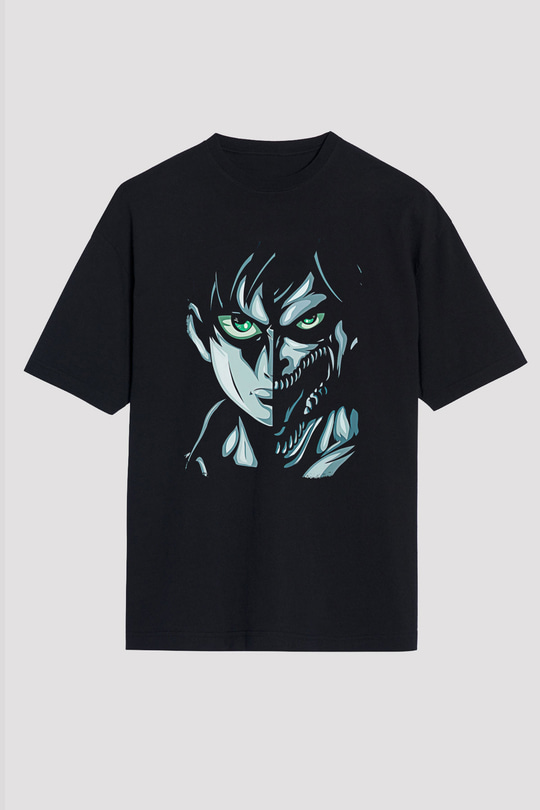 Attack On Titan Baskılı Unisex Siyah Oversize Tişört - Tshirt