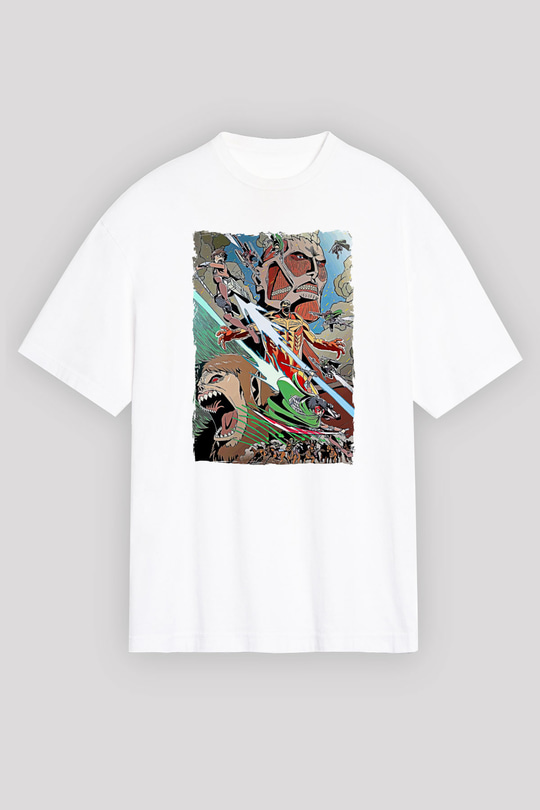 Attack On Titan Baskılı Unisex Siyah Oversize Tişört - Tshirt