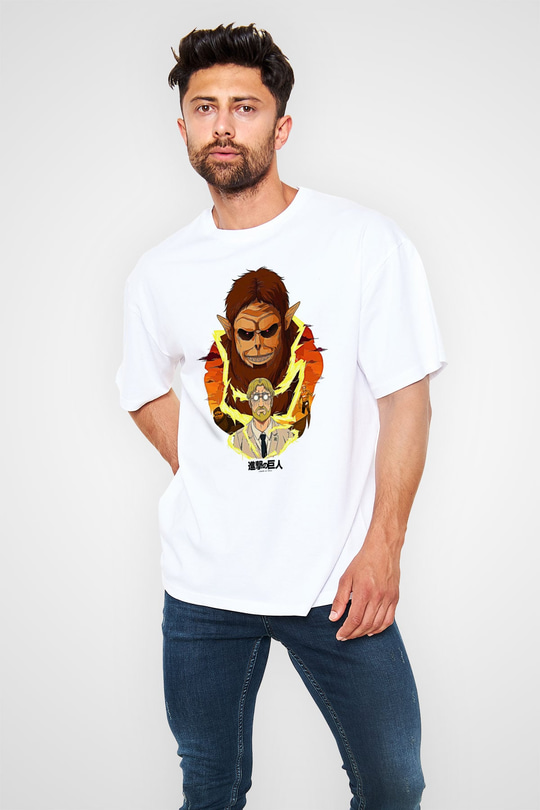 Attack On Titan Baskılı Unisex Siyah Oversize Tişört - Tshirt