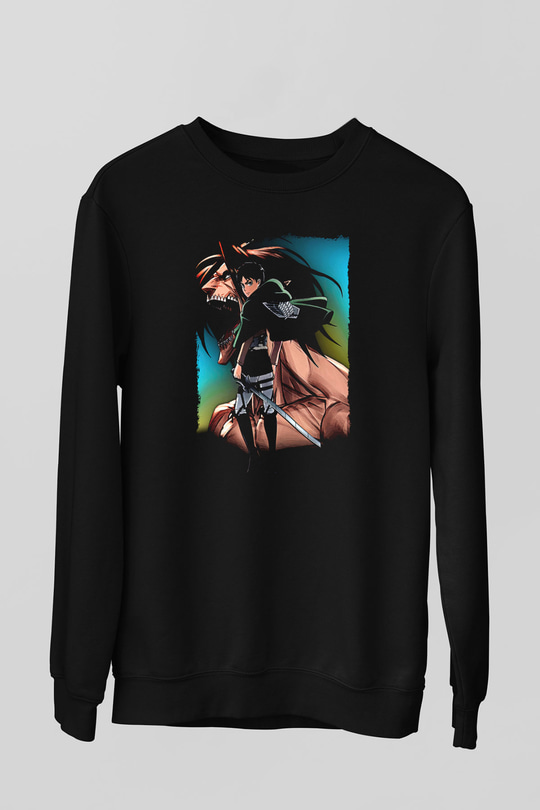 Attack On Titan Baskılı Unisex Siyah Sweatshirt