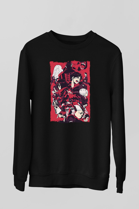 Attack On Titan Baskılı Unisex Siyah Sweatshirt