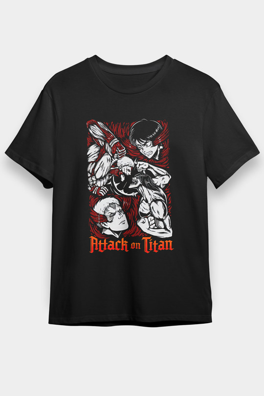 Attack On Titan Baskılı Unisex Siyah Tişört - Tshirt