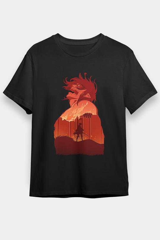 Attack On Titan Baskılı Unisex Siyah Tişört - Tshirt