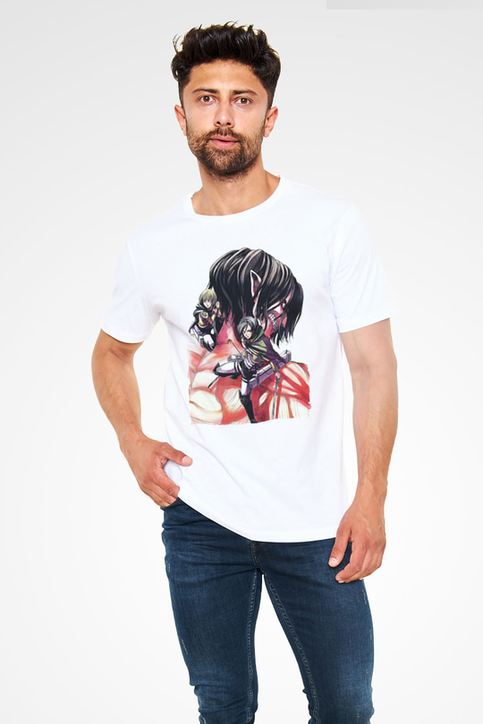 Attack On Titan Baskılı Unisex Siyah Tişört - Tshirt