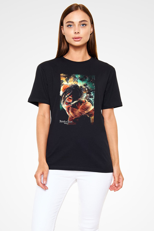 Attack On Titan Baskılı Unisex Siyah Tişört - Tshirt