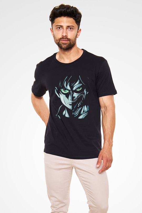 Attack On Titan Baskılı Unisex Siyah Tişört - Tshirt
