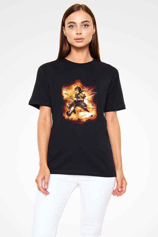 Attack On Titan Baskılı Unisex Siyah Tişört - Tshirt