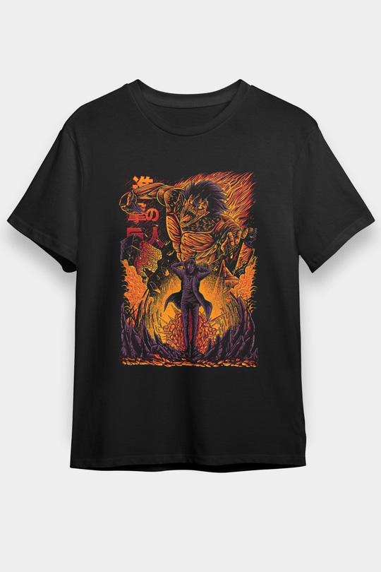 Attack On Titan Baskılı Unisex Siyah Tişört - Tshirt