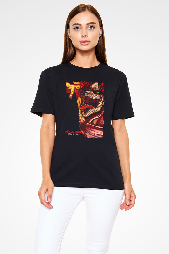 Attack On Titan Baskılı Unisex Siyah Tişört - Tshirt