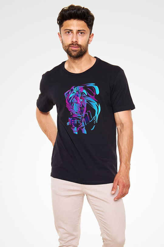 Attack On Titan Baskılı Unisex Siyah Tişört - Tshirt