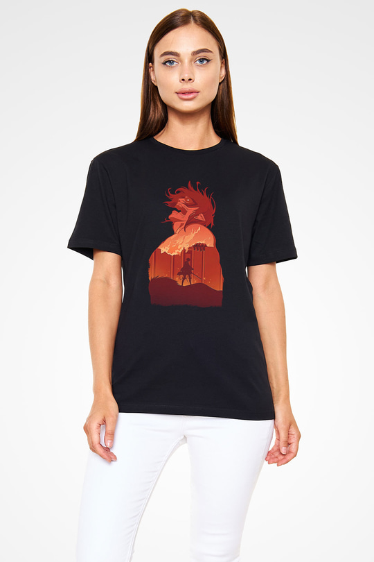 Attack On Titan Baskılı Unisex Siyah Tişört - Tshirt