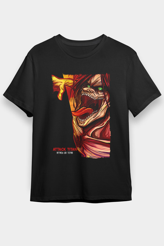 Attack On Titan Baskılı Unisex Siyah Tişört - Tshirt