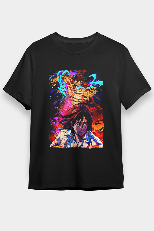 Attack On Titan Baskılı Unisex Siyah Tişört - Tshirt