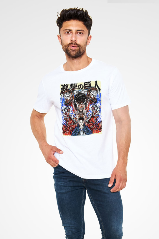 Attack On Titan Baskılı Unisex Siyah Tişört - Tshirt