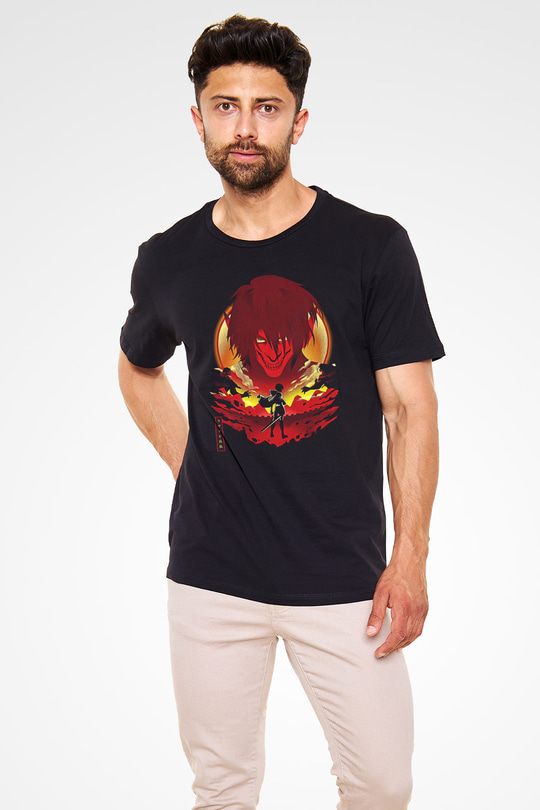 Attack On Titan Baskılı Unisex Siyah Tişört - Tshirt