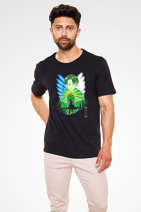Attack On Titan Baskılı Unisex Siyah Tişört - Tshirt