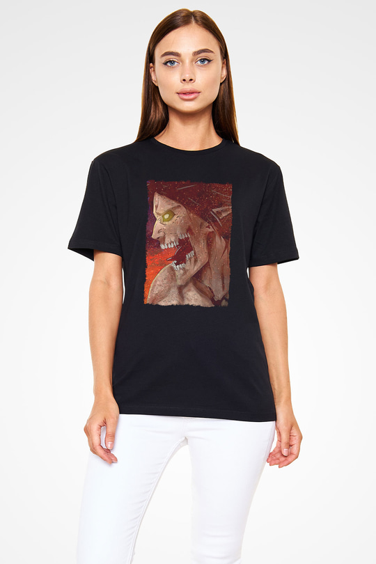 Attack On Titan Baskılı Unisex Siyah Tişört - Tshirt