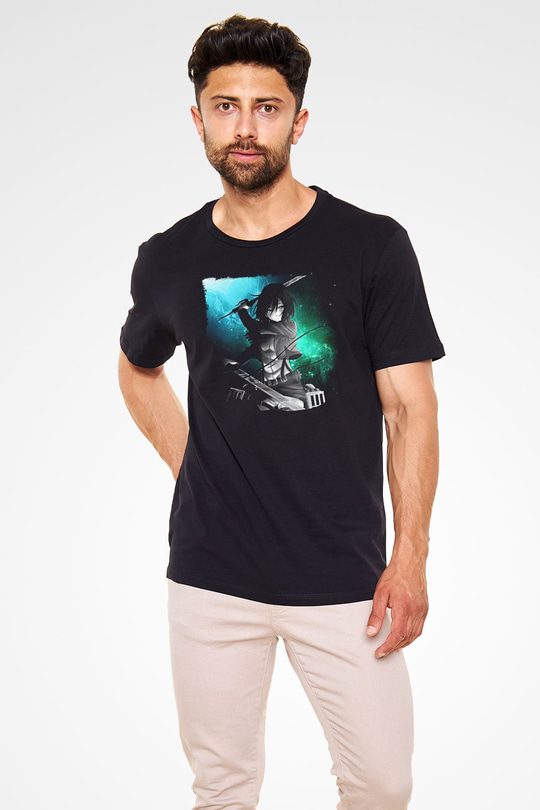 Attack On Titan Baskılı Unisex Siyah Tişört - Tshirt