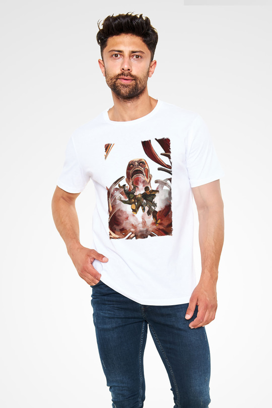 Attack On Titan Baskılı Unisex Siyah Tişört - Tshirt