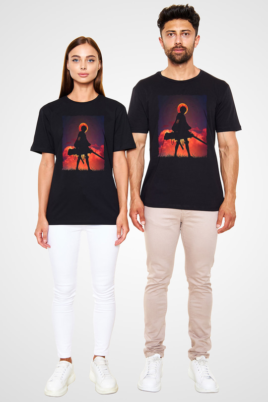 Attack On Titan Baskılı Unisex Siyah Tişört - Tshirt