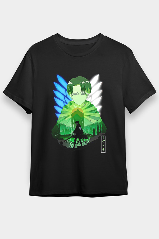Attack On Titan Baskılı Unisex Siyah Tişört - Tshirt