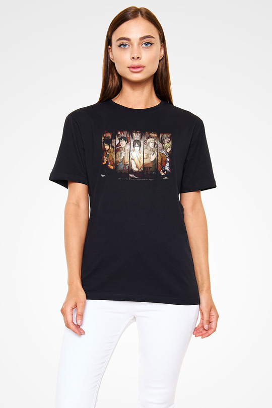 Attack On Titan Baskılı Unisex Siyah Tişört - Tshirt