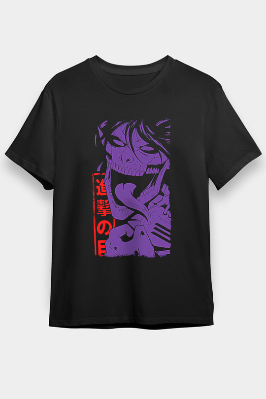Attack On Titan Baskılı Unisex Siyah Tişört - Tshirt