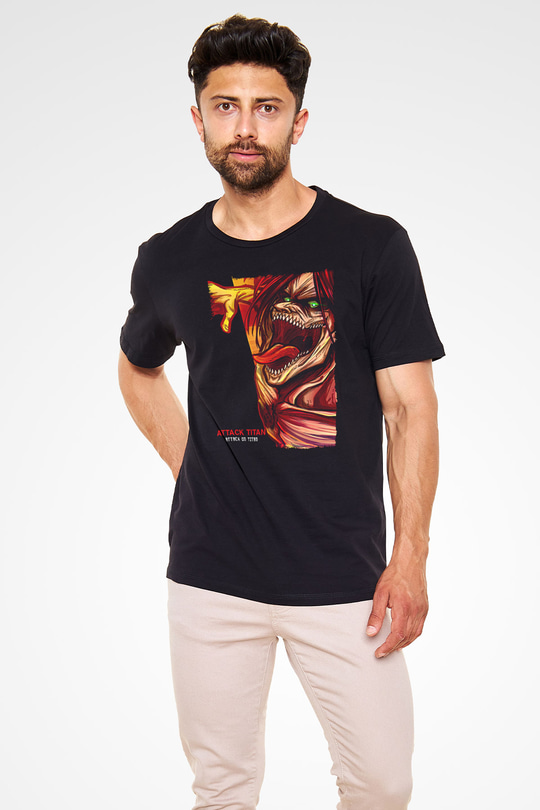 Attack On Titan Baskılı Unisex Siyah Tişört - Tshirt
