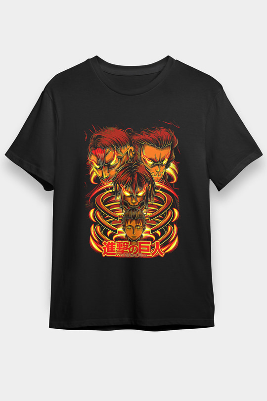 Attack On Titan Baskılı Unisex Siyah Tişört - Tshirt