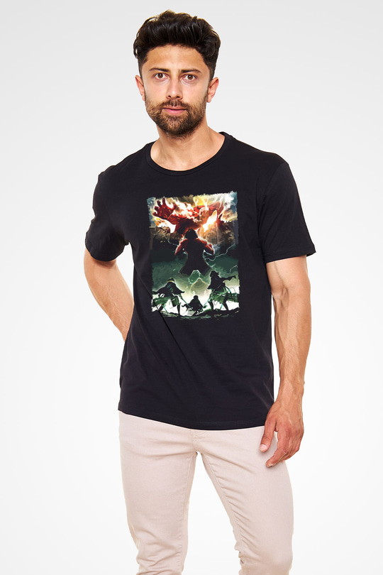 Attack On Titan Baskılı Unisex Siyah Tişört - Tshirt
