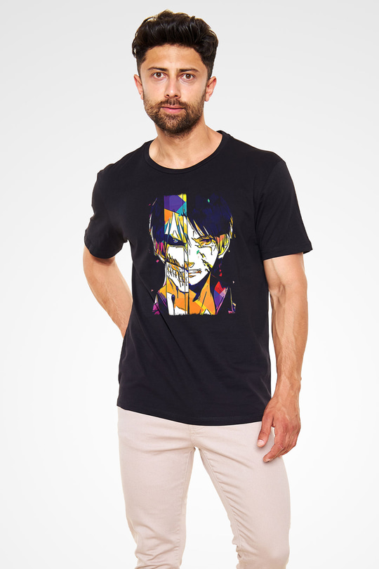 Attack On Titan Baskılı Unisex Siyah Tişört - Tshirt