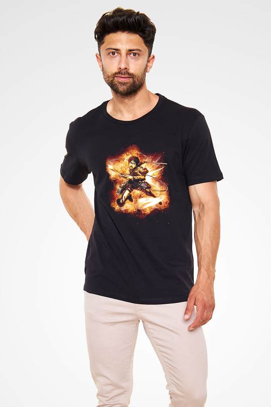 Attack On Titan Baskılı Unisex Siyah Tişört - Tshirt
