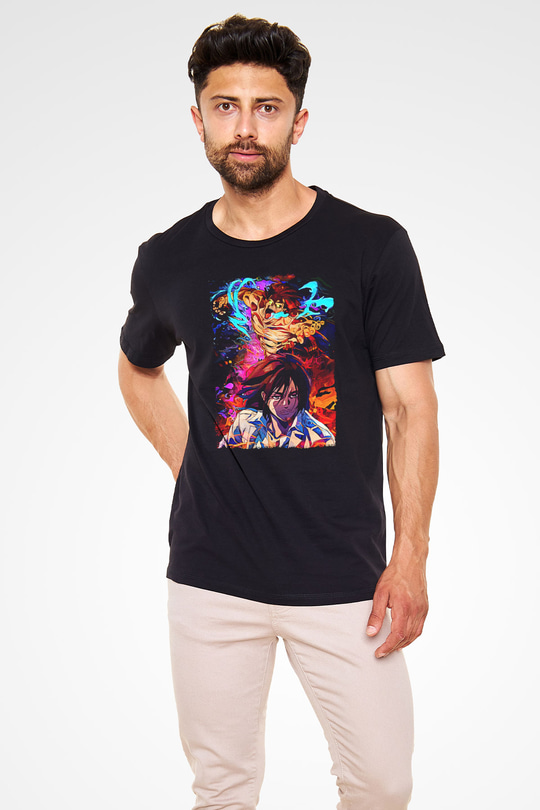 Attack On Titan Baskılı Unisex Siyah Tişört - Tshirt