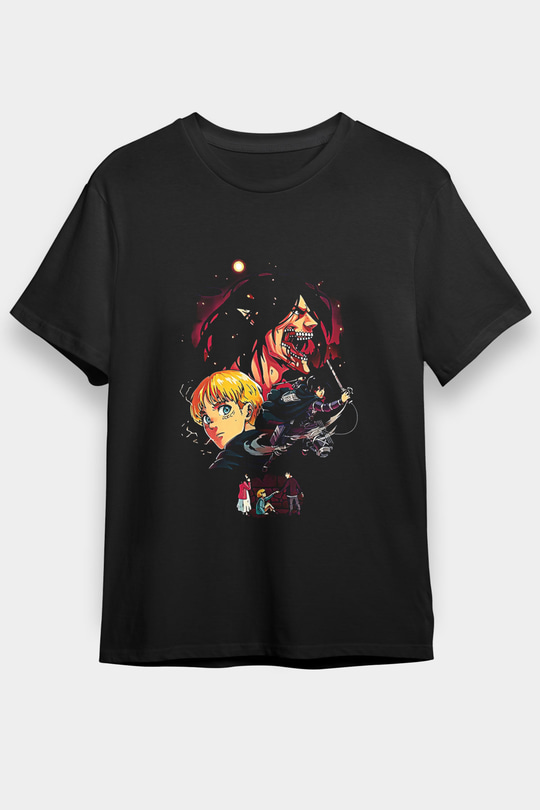 Attack On Titan Baskılı Unisex Siyah Tişört - Tshirt