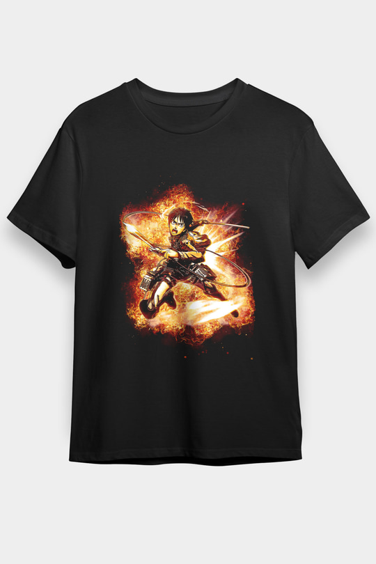 Attack On Titan Baskılı Unisex Siyah Tişört - Tshirt